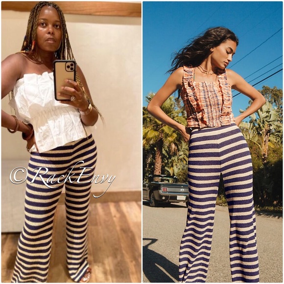 NWT ANTHROPOLOGIE FLAT WHITE STRIPED KNIT PANTS IN NAVY - Picture 2 of 10